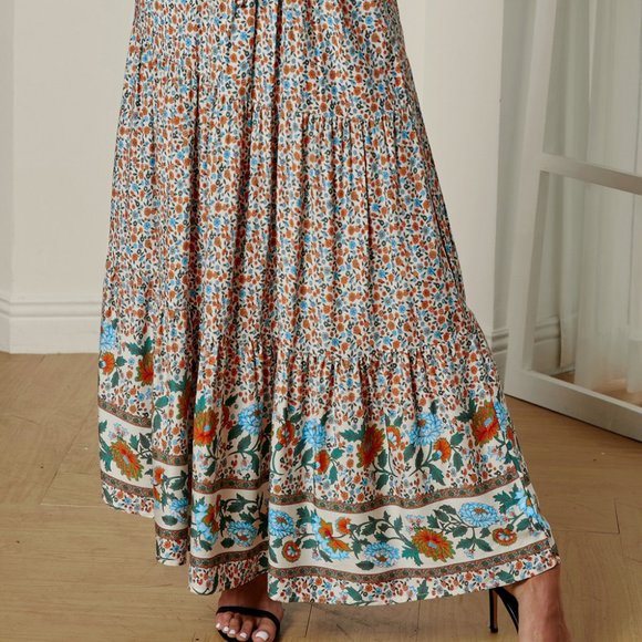 Boho Floral Print Elastic High Waist Maxi Skirt - Picture 7 of 10
